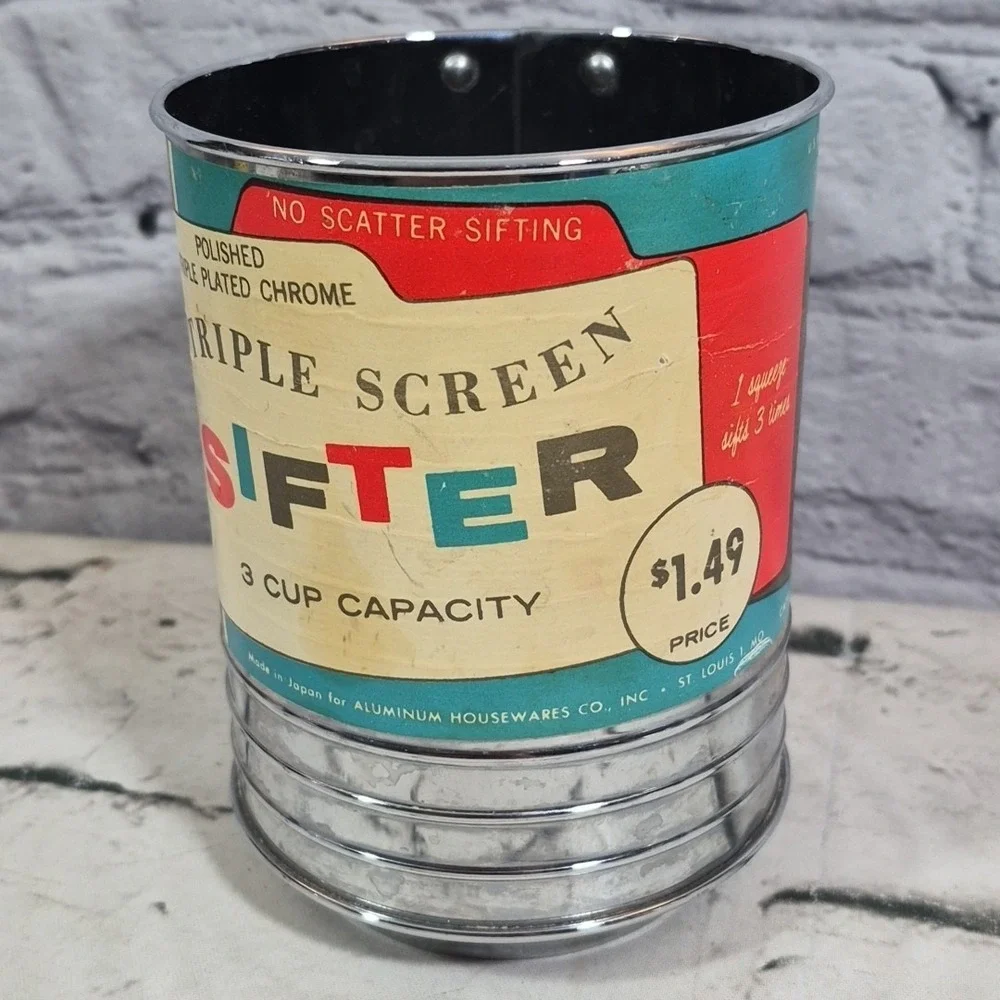 MCM‎ Triple Screen Chrome Flour Sifter w/Original Label - Ca. 1960